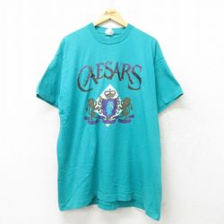 XL★古着 半袖 ビンテージ Tシャツ メンズ 90年代 90s シーザーズ 大きいサイズ ロング丈 コットン クルーネック USA製 青緑 【spe】 23sep19 中古