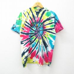 L★古着 半袖 ビンテージ Tシャツ メンズ 00年代 00s ヤシの木 家 刺繍 クルーネック 黄他 イエロー タイダイ 24feb12 中古