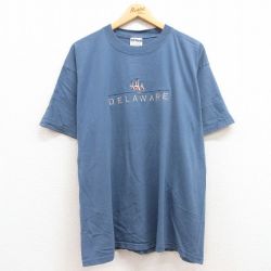 XL★古着 半袖 ビンテージ Tシャツ メンズ 00年代 00s ヨット デラウェア 刺繍 大きいサイズ コットン クルーネック 薄紺 ネイビー 24feb20 中古
