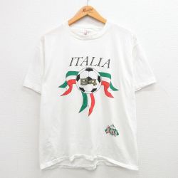 L★古着 ヘインズ Hanes 半袖 ビンテージ Tシャツ メンズ 90年代 90s イタリア サッカー クルーネック USA製 白 ホワイト 24feb22 中古