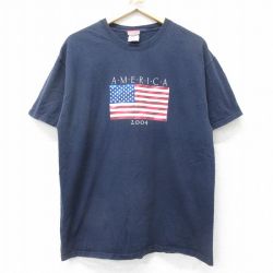 L★古着 半袖 ビンテージ Tシャツ メンズ 00年代 00s 星条旗 コットン クルーネック 紺 ネイビー 24feb24 中古