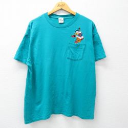 【50%OFF】XL★古着 半袖 ビンテージ Tシャツ メンズ 90年代 90s ディズニー DISNEY ミッキー MICKEY MOUSE ドナルド 刺繍 胸ポケット付き コットン クルーネック USA製 青緑 24feb24 中古
