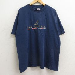 XL★古着 オニータ ONEITA 半袖 ビンテージ Tシャツ メンズ 90年代 90s サンフアン ヨット 刺繍 大きいサイズ コットン クルーネック USA製 紺 ネイビー 24feb26 中古