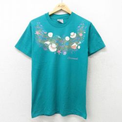 M★古着 ヘインズ Hanes 半袖 ビンテージ Tシャツ メンズ 90年代 90s 貝 花 クルーネック USA製 青緑 24feb27 中古