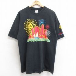 XL★古着 フルーツオブザルーム 半袖 ビンテージ Tシャツ メンズ 90年代 90s クリーブランド 花火 ビル コットン クルーネック USA製 黒 ブラック 【spe】 24feb29 中古