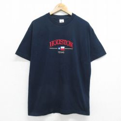 【50%OFF】L★古着 半袖 ビンテージ Tシャツ メンズ 00年代 00s ヒューストン テキサス 刺繍 コットン クルーネック 紺 ネイビー 24feb29 中古
