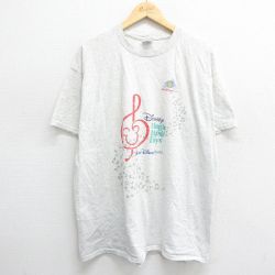 XL★古着 半袖 ビンテージ Tシャツ メンズ 90年代 90s ディズニー DISNEY ミッキー MICKEY MOUSE 音符 大きいサイズ クルーネック 薄グレー 霜降り 24mar01 中古