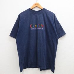 【50%OFF】XL★古着 半袖 ビンテージ Tシャツ メンズ 90年代 90s カンクン 刺繍 大きいサイズ コットン クルーネック 紺 ネイビー 24mar01 中古