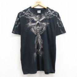 【50%OFF】L★古着 半袖 ビンテージ Tシャツ メンズ 00年代 00s スカル コットン クルーネック 黒 ブラック 24mar02 中古