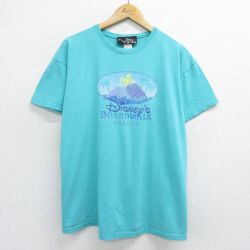 XL★古着 半袖 ビンテージ Tシャツ メンズ 90年代 90s ディズニー DISNEY ミッキー MICKEY MOUSE 山 コットン クルーネック USA製 青緑系 24mar06 中古