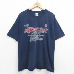 XL★古着 半袖 ビンテージ Tシャツ メンズ 00年代 00s MLB ボストンレッドソックス 大きいサイズ コットン クルーネック 紺 ネイビー メジャーリーグ ベースボール 野球 24mar06 中古