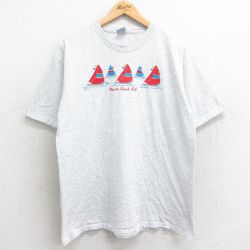 XL★古着 半袖 ビンテージ Tシャツ メンズ 90年代 90s ヨット コットン クルーネック USA製 薄グレー 霜降り 24mar06 中古