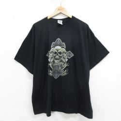 XL★古着 半袖 ビンテージ Tシャツ メンズ 00年代 00s スカル 大きいサイズ クルーネック 黒 ブラック 24mar18 中古