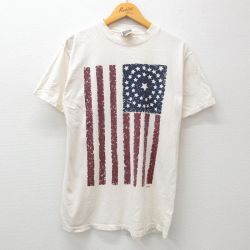 【50%OFF】L★古着 半袖 ビンテージ Tシャツ メンズ 90年代 90s 星条旗 コットン クルーネック 生成り 24mar29 中古