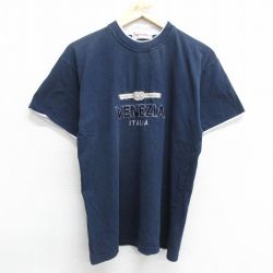 M★古着 半袖 ビンテージ Tシャツ メンズ 00年代 00s ベネチア 刺繍 クルーネック イタリア製 紺 ネイビー 24mar30 中古