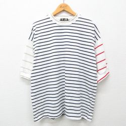 XL★古着 半袖 ビンテージ Tシャツ メンズ 90年代 90s 無地 大きいサイズ クルーネック 白他 ホワイト ボーダー 24apr01 中古