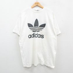 XL★古着 アディダス adidas 半袖 ビンテージ Tシャツ メンズ 90年代 90s ビッグロゴ リーフ トレフォイル コットン クルーネック USA製 白 ホワイト 【spe】 24apr04 中古