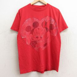 XL★古着 半袖 ビンテージ Tシャツ メンズ 90年代 90s ディズニー DISNEY ミッキー MICKEY MOUSE ミニー コットン クルーネック USA製 赤 レッド 24apr05 中古