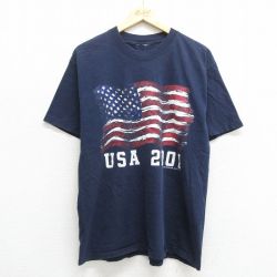 L★古着 半袖 ビンテージ Tシャツ メンズ 00年代 00s 星条旗 USAロゴ クルーネック 紺 ネイビー 24apr16 中古