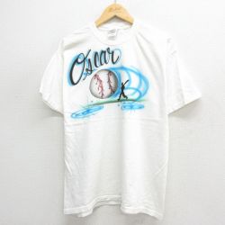 L★古着 半袖 ビンテージ Tシャツ メンズ 00年代 00s Oscar 野球 ハンドペイント エアブラシ コットン クルーネック 白 ホワイト 24apr17 中古
