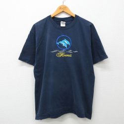 L★古着 半袖 ビンテージ Tシャツ メンズ 00年代 00s ハワイ イルカ 刺繍 コットン クルーネック 紺 ネイビー 24apr22 中古