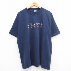 【50%OFF】XL★古着 半袖 ビンテージ Tシャツ メンズ 90年代 90s アトランタ 刺繍 大きいサイズ コットン クルーネック USA製 紺 ネイビー 24apr24 中古