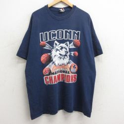 XL★古着 半袖 ビンテージ Tシャツ メンズ 90年代 90s コネチカットハスキーズ バスケットボール 大きいサイズ ロング丈 コットン クルーネック 紺 ネイビー 24may06 中古