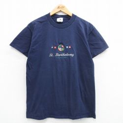 L★古着 半袖 ビンテージ Tシャツ メンズ 90年代 90s サンバルテルミー 刺繍 コットン クルーネック USA製 紺 ネイビー 24may06 中古