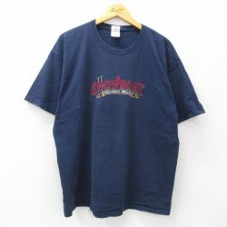 XL★古着 半袖 ビンテージ Tシャツ メンズ 00年代 00s ショウボート ブランリンベル 刺繍 大きいサイズ コットン クルーネック 紺 ネイビー 24may06 中古