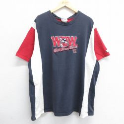 XL★古着 半袖 ビンテージ Tシャツ メンズ 00年代 00s ディズニー DISNEY ミッキー MICKEY MOUSE 刺繍 ロング丈 大きいサイズ マルチカラー コットン クルーネック 紺他 ネイビー 24may10 中古