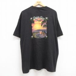 XL★古着 半袖 ビンテージ Tシャツ メンズ 00年代 00s ハイビスカス ヤシの木 海 大きいサイズ コットン クルーネック 黒 ブラック 24may11 中古