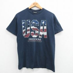 XL★古着 半袖 ビンテージ Tシャツ メンズ 00年代 00s 星条旗 USAロゴ コットン クルーネック 紺 ネイビー 24may11 中古