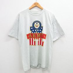 XL★古着 フルーツオブザルーム 半袖 ビンテージ Tシャツ メンズ 90年代 90s ミリタリー アーミー ARMY 星条旗 大きいサイズ クルーネック 薄グレー 霜降り 24may15 中古