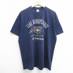 【50%OFF】XL★古着 ジャージーズ 半袖 ビンテージ Tシャツ メンズ 90年代 90s ウィニペソーキー湖 大きいサイズ コットン クルーネック USA製 紺 ネイビー 24may25 中古