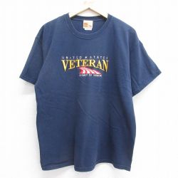 XL★古着 半袖 ビンテージ Tシャツ メンズ 00年代 00s VETERAN 刺繍 コットン クルーネック 紺 ネイビー 24may27 中古