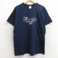 【30%OFF】L★古着 半袖 ビンテージ Tシャツ メンズ 00年代 00s フロリダ 刺繍 コットン クルーネック 紺 ネイビー 24may31 中古