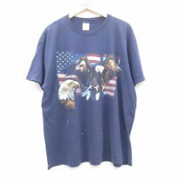 XL★古着 半袖 ビンテージ Tシャツ メンズ 00年代 00s 星条旗 ワシ 大きいサイズ コットン クルーネック 紺 ネイビー 24may31 中古