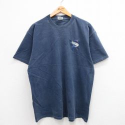 XL★古着 半袖 ビンテージ Tシャツ メンズ 00年代 00s カジキ 刺繍 コットン クルーネック 紺 ネイビー 24jun07 中古