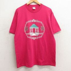 【50%OFF】L★古着 ジャージーズ 半袖 ビンテージ Tシャツ メンズ 90年代 90s 花 バラ クルーネック USA製 濃ピンク 24jun08 中古