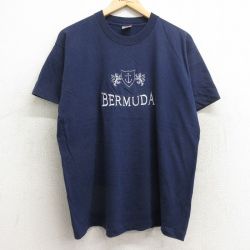 【50%OFF】L★古着 フルーツオブザルーム 半袖 ビンテージ Tシャツ メンズ 90年代 90s バミューダ 刺繍 コットン クルーネック USA製 紺 ネイビー 24jun11 中古