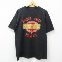 【50%OFF】L★古着 半袖 ビンテージ Tシャツ メンズ 90年代 90s SENIORS ホークス クルーネック 黒 ブラック 24jun17 中古