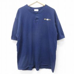 XL★古着 チャンピオン champion 半袖 ビンテージ Tシャツ メンズ 00年代 00s ワンポイントロゴ 大きいサイズ コットン ヘンリーネック 紺 ネイビー 【spe】 24jun18 中古