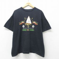 XL★古着 半袖 ビンテージ Tシャツ メンズ 90年代 90s ヨット 大きいサイズ コットン クルーネック USA製 黒 ブラック 24jun20 中古