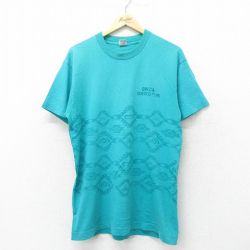 L★古着 フルーツオブザルーム 半袖 ビンテージ Tシャツ メンズ 90年代 90s ネイティブ柄 ラグ柄 コットン クルーネック USA製 水色 24jun26 中古