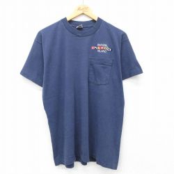【50%OFF】L★古着 フルーツオブザルーム 半袖 ビンテージ Tシャツ メンズ 90年代 90s サニベル 国旗 胸ポケット付き コットン クルーネック USA製 濃紺 ネイビー 24jun29 中古