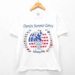 M★古着 ヘインズ Hanes 半袖 ビンテージ Tシャツ メンズ 90年代 90s アトランタオリンピック 国旗 コットン クルーネック USA製 白 ホワイト 【spe】 24jul01 中古