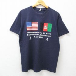 L★古着 半袖 ビンテージ Tシャツ メンズ 00年代 00s 星条旗 レースキャンプ コットン クルーネック 紺 ネイビー 24jul02 中古