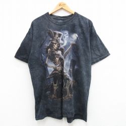 XL★古着 半袖 ビンテージ Tシャツ メンズ 00年代 00s スケルトン ギター 大きいサイズ コットン クルーネック USA製 黒他 ブラック タイダイ 24jul04 中古