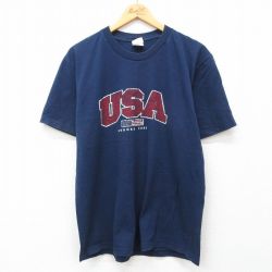 【50%OFF】L★古着 アリゾナジーンズ 半袖 ビンテージ Tシャツ メンズ 00年代 00s USAロゴ 星条旗 コットン クルーネック 紺 ネイビー 24jul11 中古