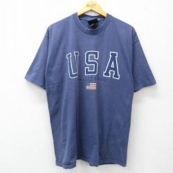 XL★古着 半袖 ビンテージ Tシャツ メンズ 00年代 00s USAロゴ 星条旗 コットン クルーネック 紺 ネイビー 24jul15 中古